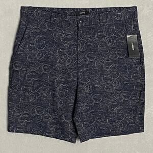 Alfani Men's 30W Shorts Flat Front Geo Print Linen Blend Stretch Navy Blue NEW